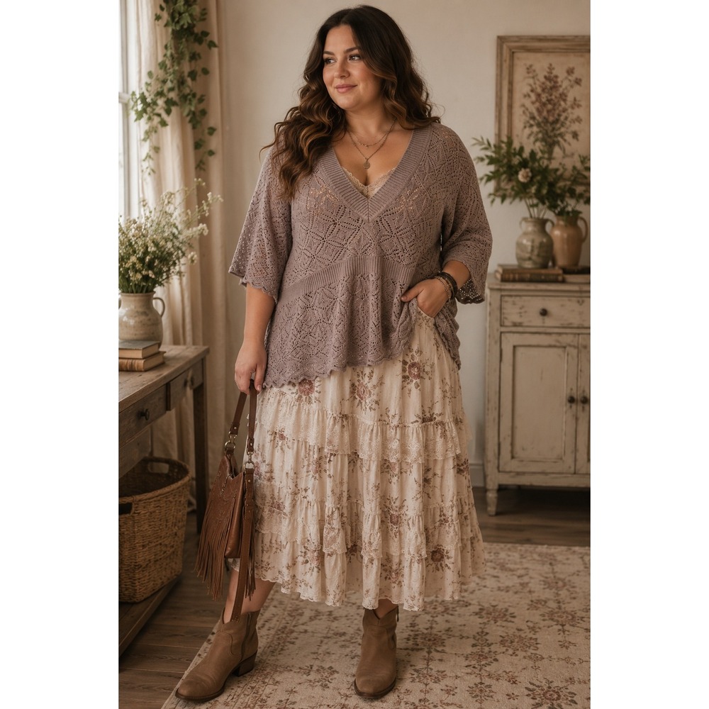 Boho Cottagecore Minimal Neutral Summer Gray Crochet V-Neck Tunic 2X Sweater